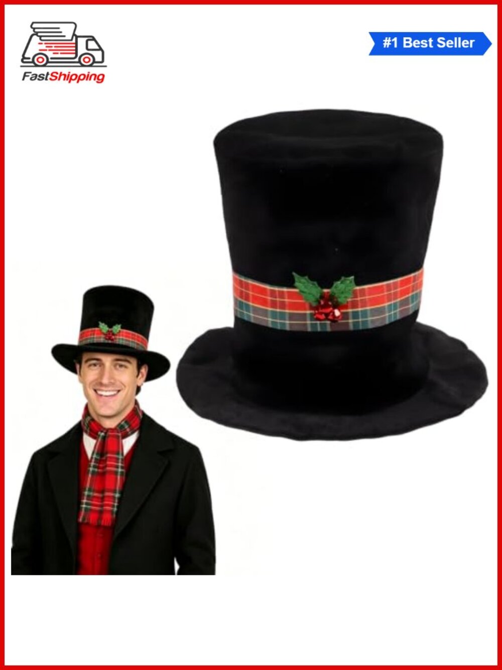 🎅 Christmas Black Top Hat Felt Snowman Jingle Bell Holly Berry